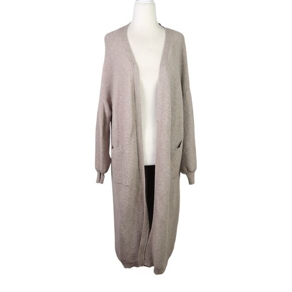 Hoity Toity Taupe Grey Ribbed Knit Maxi Duster Cardigan Sweater M/L - Picture 1 of 6